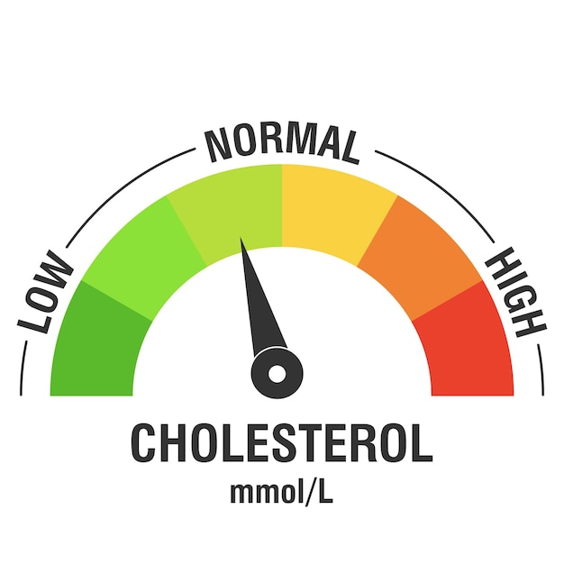 Cholesterol meter color scale with arrow Low normal and high cholesterol level measuring device Medicine and health Vector illustration