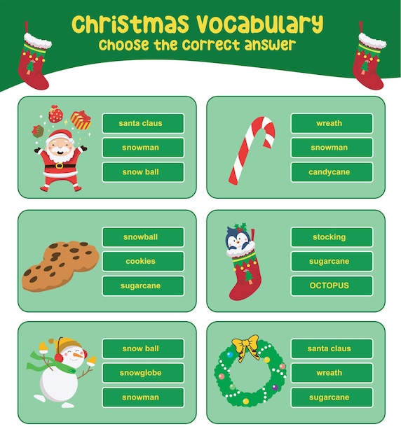 Choose the correct answer. Christmas vocabulary. Worksheet for preschool. Vector File