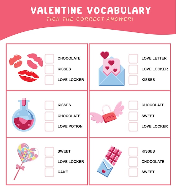 Choose the correct answer. Valentine vocabulary. Worksheet for preschool. Vector file.