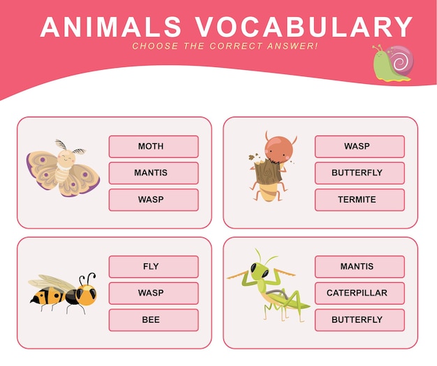 正しい答えを選びなさい。動物の語彙。就学前のワークシート。単語テスト知育ゲーム