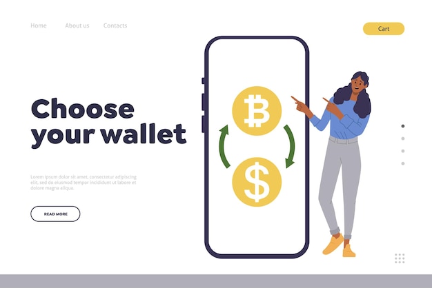 choose your wallet concept landing page website design template with woman advertising modern mobile app cryptocurrency dollar exchange service variety electronic purse creation 341509 6628