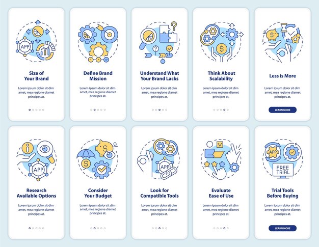 Choosing business tools tips onboarding mobile app screen set
