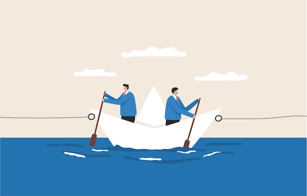 Vector choosing the direction of the business different opinions two choices that must be decided two men rowing in opposite direction