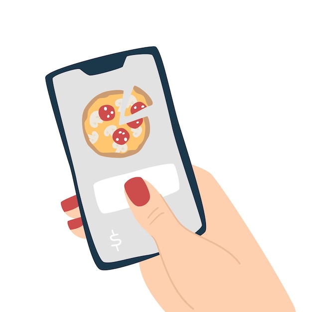 Scelta del cibo su un'applicazione per smartphone ordine di consegna della pizza acquisto nell'applicazione sul telefono