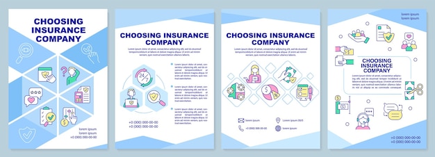 Choosing insurance company blue brochure template cover seeking leaflet design with linear icons 4 vector layouts for presentation annual reports arialblack myriad proregular fonts used