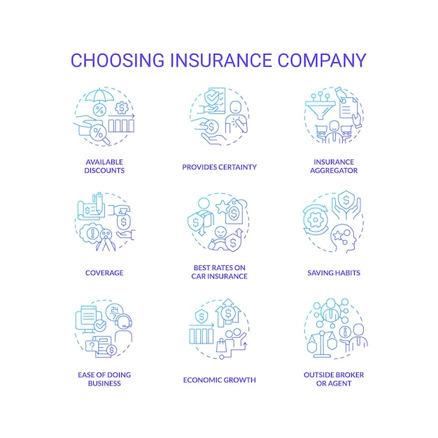 Scelta delle icone del concetto di gradiente blu della compagnia di assicurazioni impostate