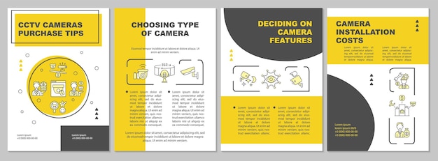 Выбор типа шаблона брошюры камеры. особенности камеры. флаер, буклет, печать листовок, дизайн обложки с линейными иконками. векторные макеты для презентаций, годовых отчетов, рекламных страниц