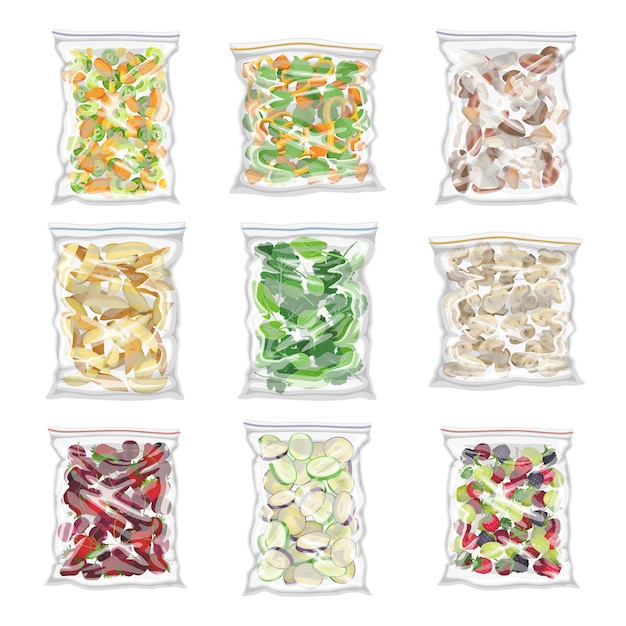 Chopped frozen vegetables and greenery stored in plastic packages vector set