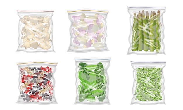 Vector chopped frozen vegetables and greenery stored in plastic packages vector set