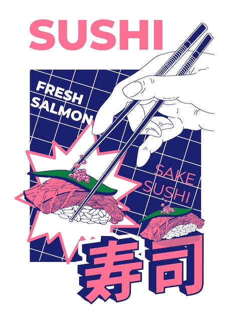 Палочки для еды держат в руках. векторная иллюстрация саке суши