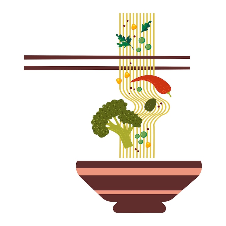 Vector chopsticks hold vermicelli with vegetables traditional asian food vector on white background