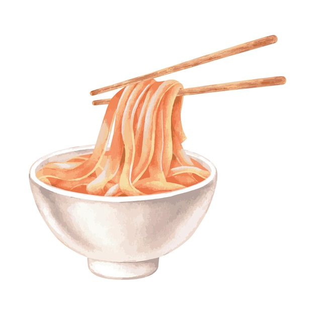 Chopsticks lift up the noodles in tomato sauce Watercolor illustration Japanese food yakisoba