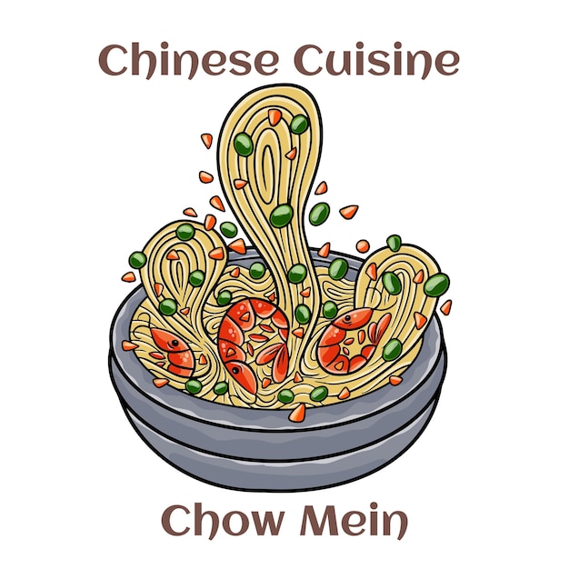 Vector chow mein stimfried noedels met het vleesgevogelte en groenten chinees eten vector afbeelding geïsoleerd