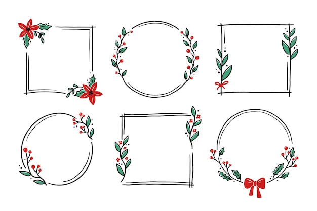 Chrirtmas floral frame with circle, round, rectangle shape. doodle hand drawn style wreath frame. vector illustration for christmas, wedding decoration.