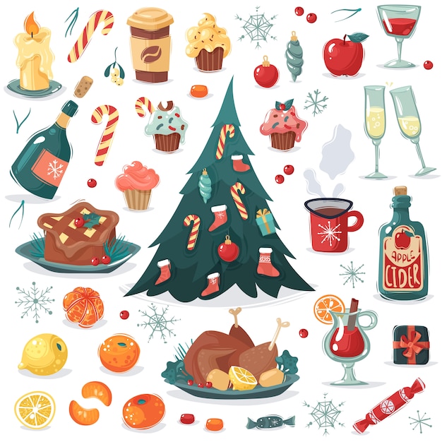 Collezione di cartoni animati chrismas capodanno. un insieme di natale e capodanno cibo e bevande in stile cartone animato e altri oggetti, albero con giocattoli e caramelle. frutta, caramelle, regali, vino, sidro, pasto festivo