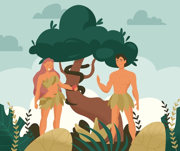 Vector christ bible story adam eve composition a couple standing by a tree and eve offers adam an apple vector illustration