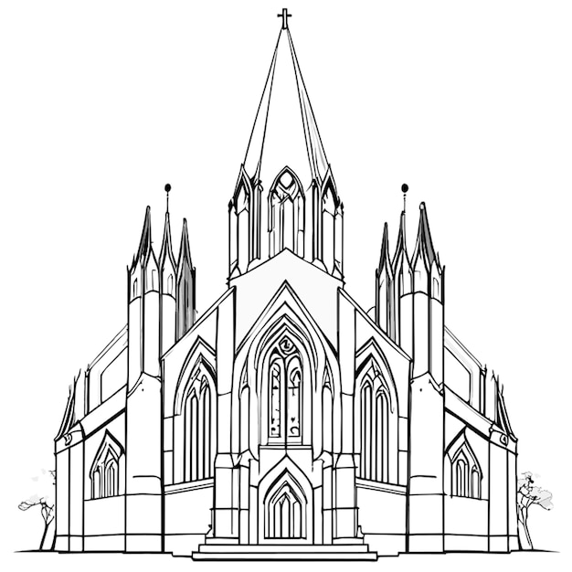 christ church exterior perspective highly detailed vector illustration line art