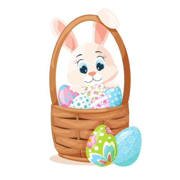 Christ is Risen Little Cute Bunny Basket of Easter Eggs Colored Flat Vector Illustration