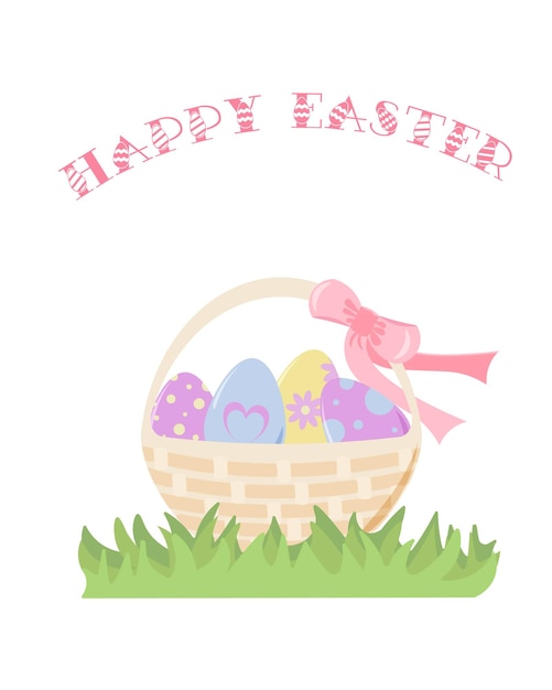 Vector christ is risen  a set of colorful eggs in pastel colors in a basket with a bow  vector illustration