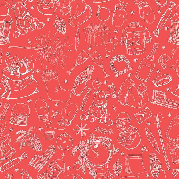 Christams background with hand drawn elements Seamless drawign holiday pattern