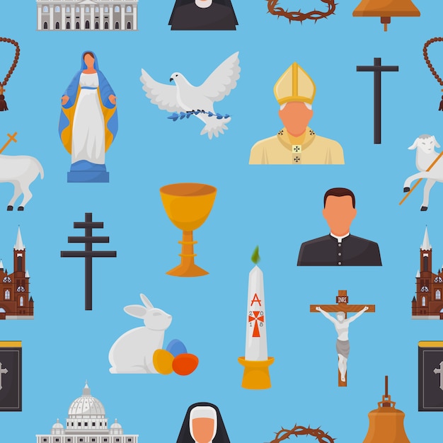 Vector christelijke pictogrammen christendom religie tekens en religieuze symbolen kerk geloof christus bijbel kruis handen bidden tot god bijbelse illustratie achtergrondpatroon