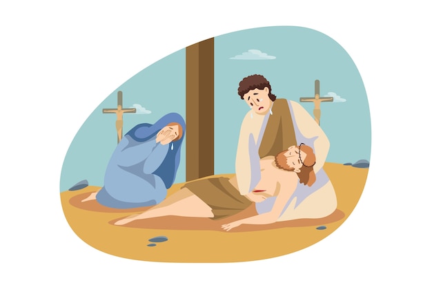 Vector christendom, religie, bijbelconcept. maria en simon zitten huilend bij het lijk van jezus christus.