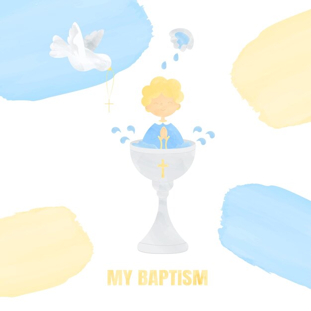 Vector christening of a baby in festive attire sitting in a baptismal font with holy water pouring from a shell onto the head and a dove flying with a cross in its beak watercolor illustration