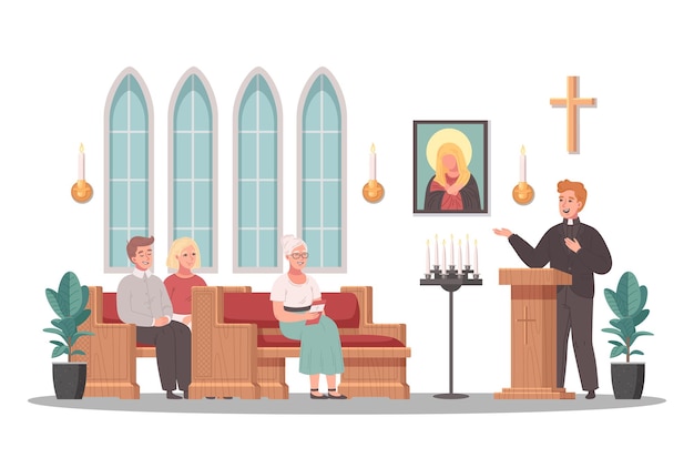 Vettore scena del fumetto della chiesa cristiana con il sacerdote che serve sull'illustrazione di vettore del servizio di massa