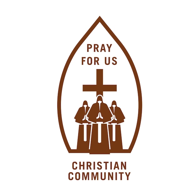 Christian community icon of christianity religion christian\
church or ministry vector design cross symbol of faith or jesus\
christ with brown silhouettes of praying people isolated religious\
sign