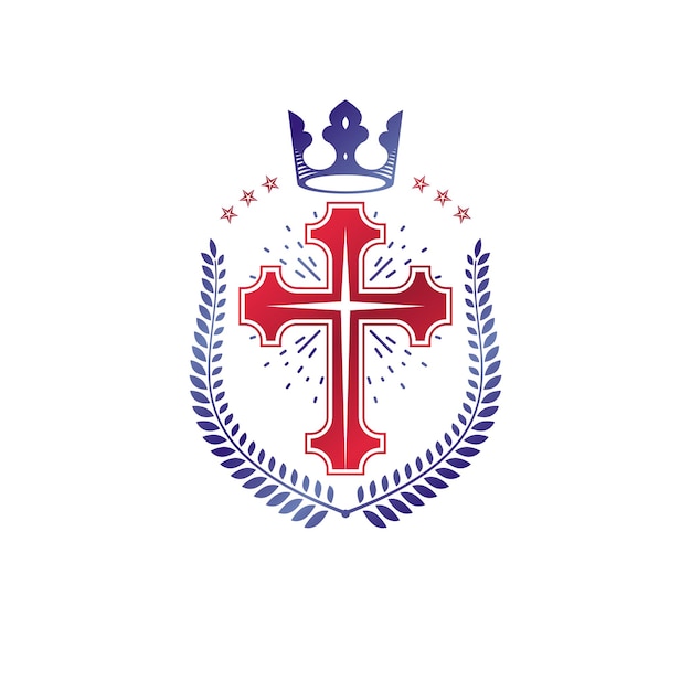 Christian Cross decoratief embleem. Heraldisch vectorontwerpelement samengesteld met lauwerkrans en keizerskroon. Retro-stijl label, heraldiek logo, religieuze vintage symbool.