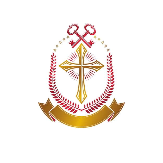 Christian Cross decoratief embleem samengesteld met veiligheidssleutels. Heraldische vector ontwerpelement. Retro-stijl logo, religieuze vintage gouden symbool. Geloof is een sleutel tot redding.