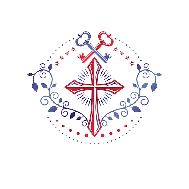 ベクトル セキュリティキーで構成されたクリスチャンクロス装飾エンブレム。紋章のベクトルのデザイン要素。レトロなスタイルのロゴ、宗教的なヴィンテージのシンボル。信仰は救いの鍵です。