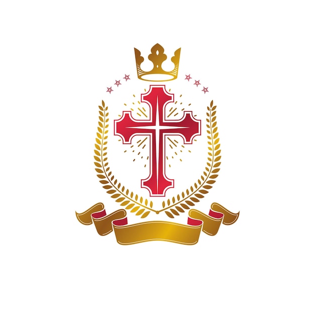 Christian cross golden emblem created with royal crown, laurel wreath and luxury ribbon. heraldic coat of arms decorative logo isolated vector illustration. religion and spirituality symbol.