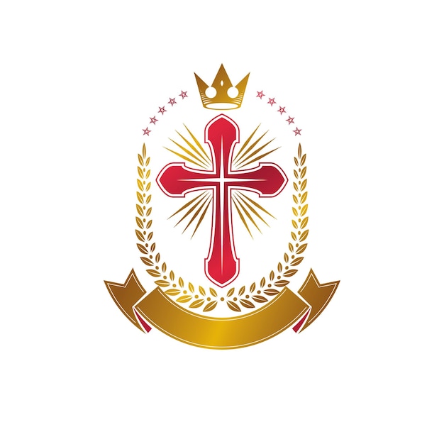 Christian Cross golden emblem created with royal crown, laurel wreath and luxury ribbon. Heraldic Coat of Arms decorative logo isolated vector illustration. Religion and spirituality symbol.