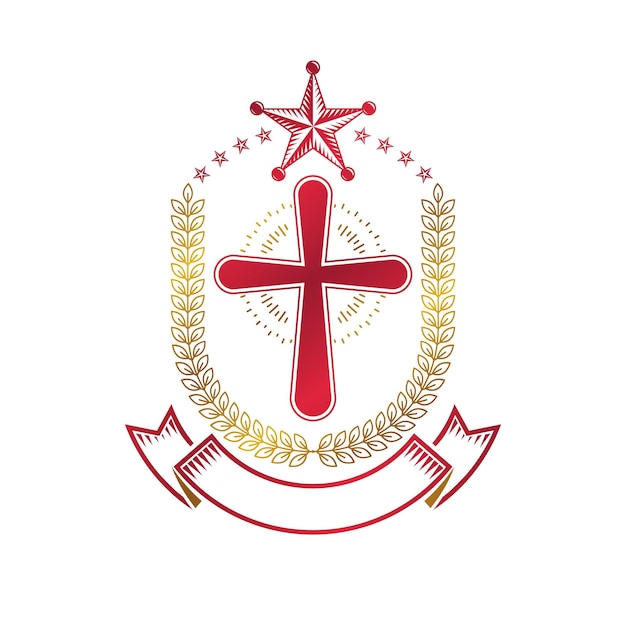 Christian Cross gotische embleem gemaakt met vijfhoekige ster en lauwerkrans. Heraldische wapenschild decoratieve logo geïsoleerde vectorillustratie. Religie en spiritualiteit kunst symbool.