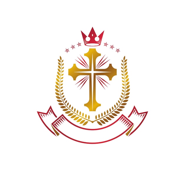 Christian Cross gouden embleem gemaakt met koninklijke kroon, lauwerkrans en luxe lint. Heraldische wapenschild decoratieve logo geïsoleerde vectorillustratie. Religie en spiritualiteit symbool.
