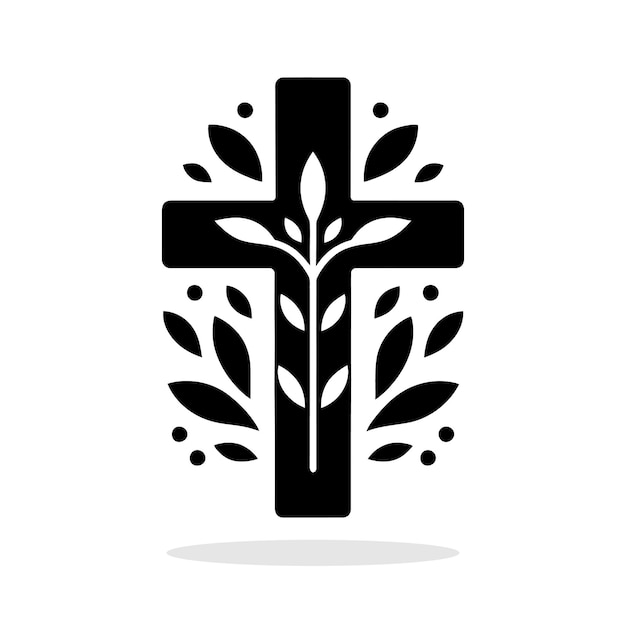 Vector christian cross icon black symbol of christian cross with plant and leaves religious symbol