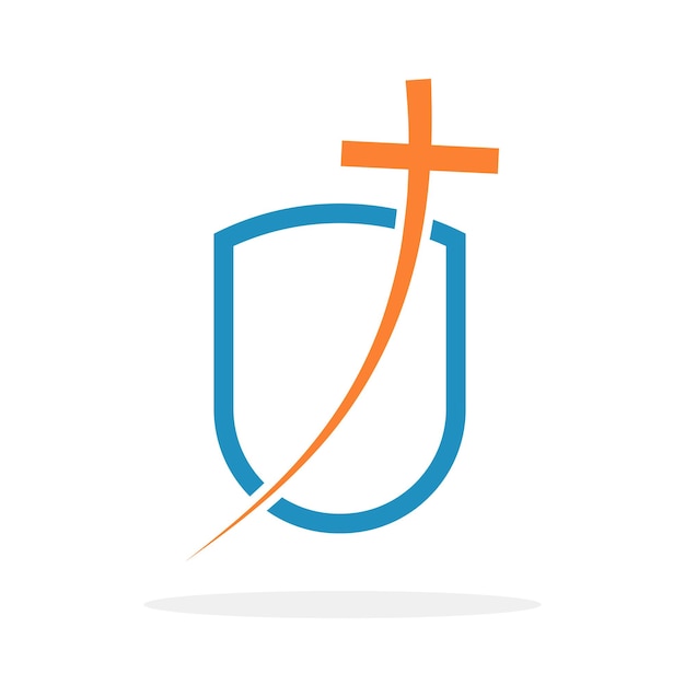 Christian cross icon in shield shape. abstract religious\
symbol. vector illustration. security concept