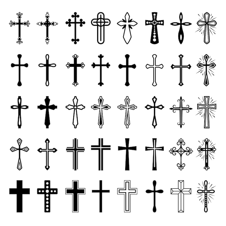 Vector christian cross icons. vector line black christian cross set on white background