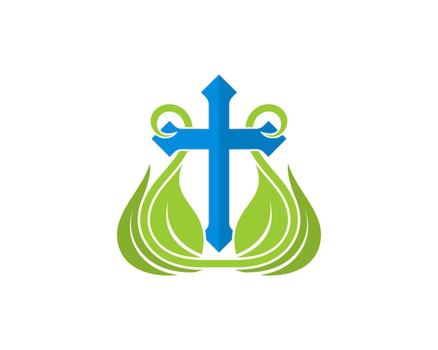 Croce cristiana sul logo della foglia della natura