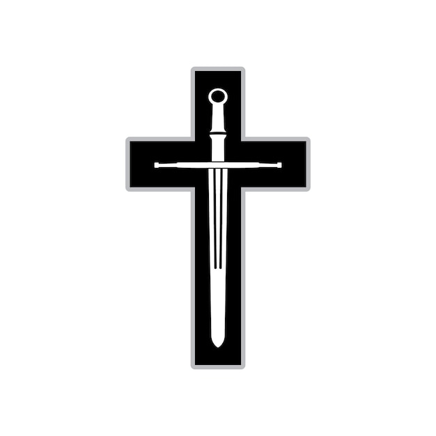 전쟁 참전 용사 묘지 로고 또는 중세 로고를 위한 기독교 십자가와 오래된 포도 수확 칼