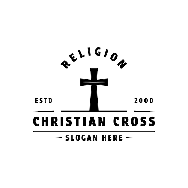 Design del logo della religione della croce cristiana stile vintage reto