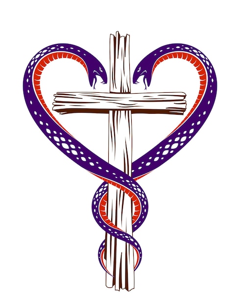 Croce cristiana e due serpenti a forma di cuore, simbolismo religioso, logo vettoriale o tatuaggio.