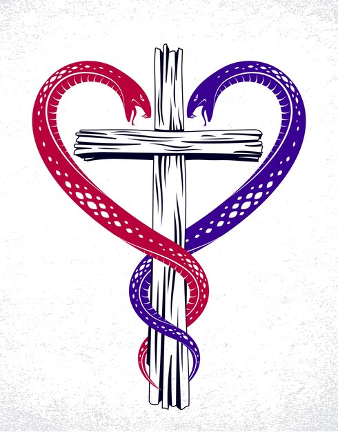 Christian cross and two snakes in a shape of heart religion symbolism vector logo or tattoo