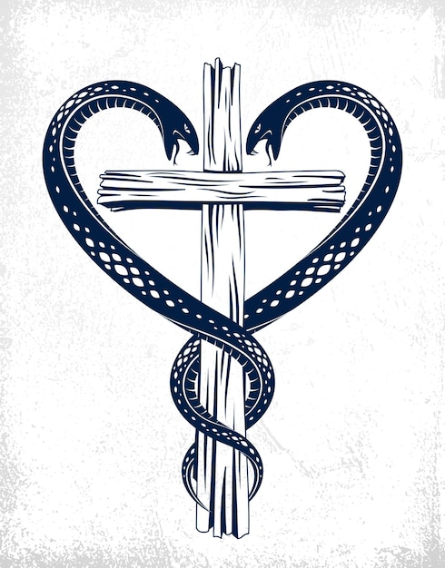 Vettore croce cristiana e due serpenti a forma di cuore, simbolismo religioso, logo vettoriale o tatuaggio.