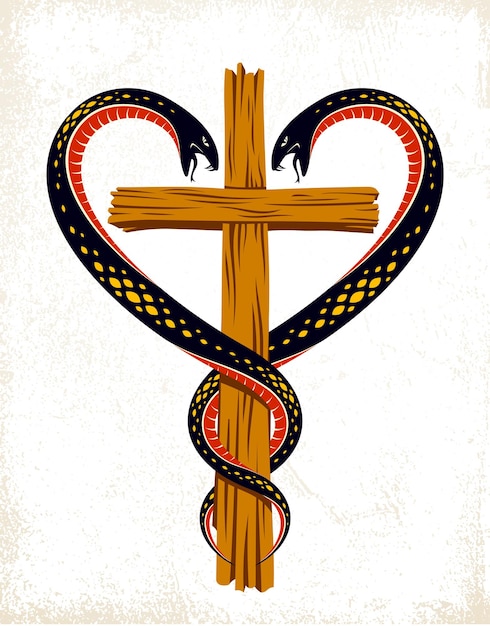 Vettore croce cristiana e due serpenti a forma di cuore, simbolismo religioso, logo vettoriale o tatuaggio.