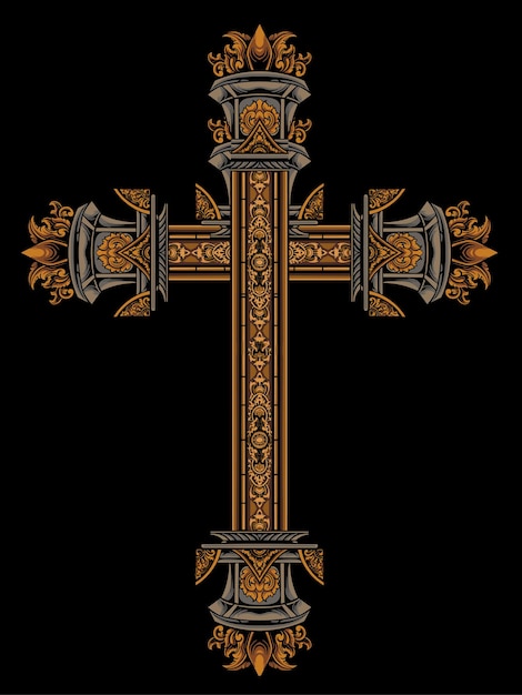Christian Cross vector design with classic engraving style editable color