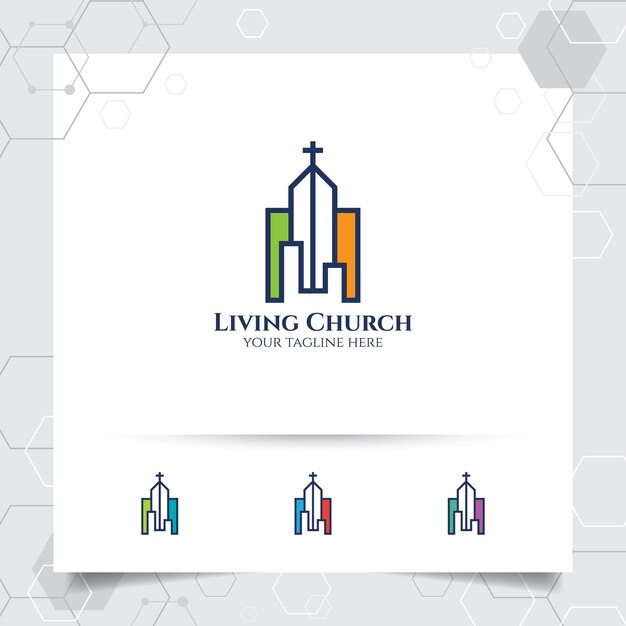 Christian cross vector logo design with a church icon illustration