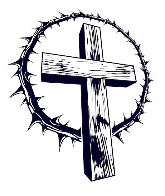 ブラックソーンとげのベクトルの宗教のロゴやタトゥー、キリストの情熱を持つキリスト教の十字架。
