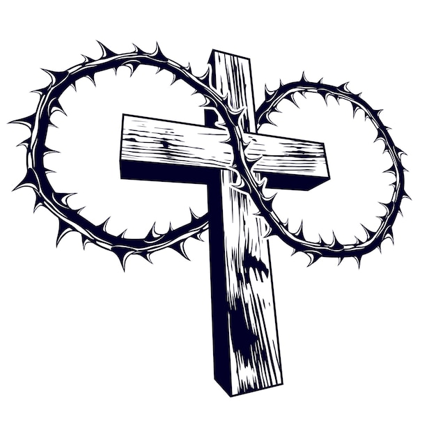 Christian cross with blackthorn thorn vector religion logo or tattoo, passion of the Christ.